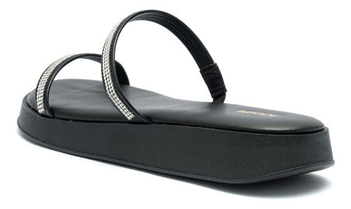 Sandália Feminina Klode Papete Flatform Preta Tiras Brilho