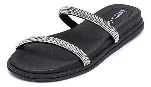 Sandália Pepete Beira Rio Preta Camurça com Tiras Strass Brilho