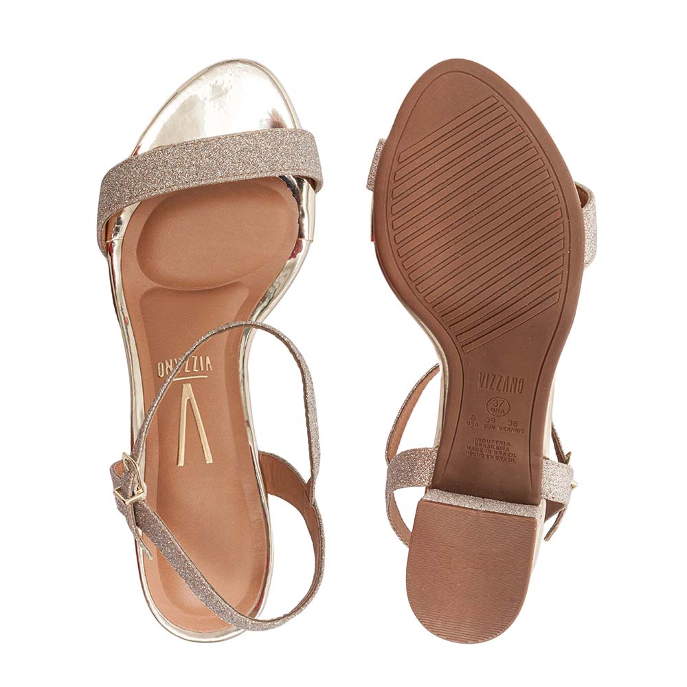 Sandália Feminina Vizzano Salto Grosso Dourado Tela Shine Paris/Glamour