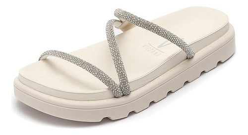 Sandália Papete Feminina Vizzano Flatform Off White Brilho