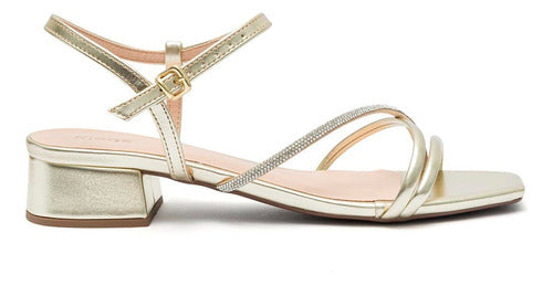 Sandália Feminina Klode Salto Baixo Grosso Ouro Strass