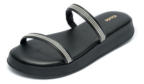 Sandália Feminina Klode Papete Flatform Preta Tiras Brilho
