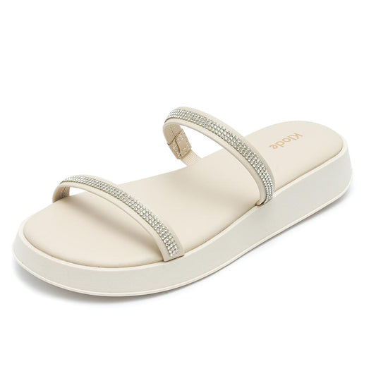 Sandália Feminina Klode Papete Flatform Bege Tiras Brilho Strass