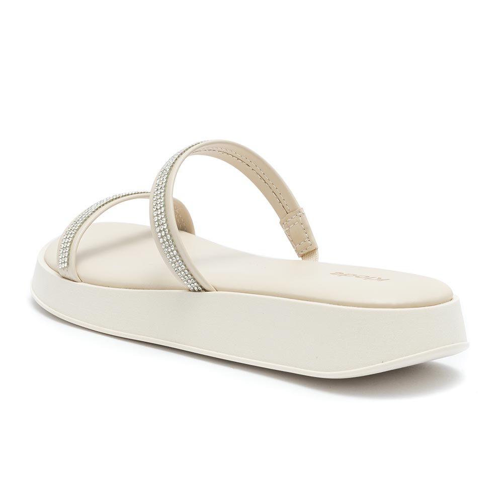 Sandália Feminina Klode Papete Flatform Bege Tiras Brilho Strass