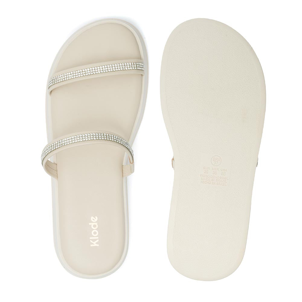 Sandália Feminina Klode Papete Flatform Bege Tiras Brilho Strass
