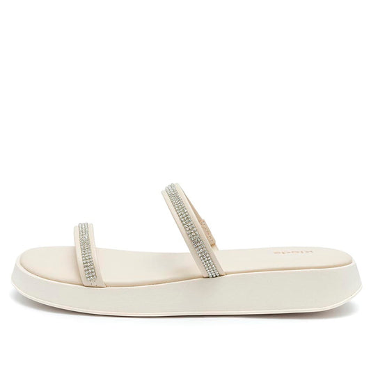 Sandália Feminina Klode Papete Flatform Bege Tiras Brilho Strass