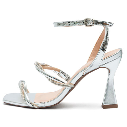 Sandália Feminina Salto Alto Taça Prata Brilho