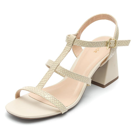 Sandália Feminina Klode Tiras Salto Grosso Bege