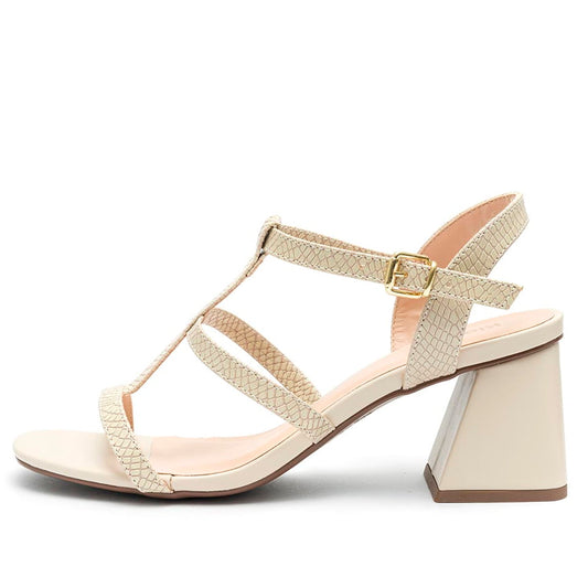 Sandália Feminina Klode Tiras Salto Grosso Bege