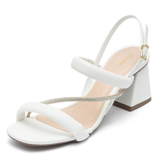 Sandália Feminina Klode Salto Grosso Branca Tiras Brilho