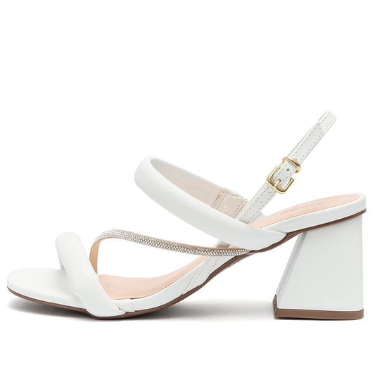 Sandália Feminina Klode Salto Grosso Branca Tiras Brilho