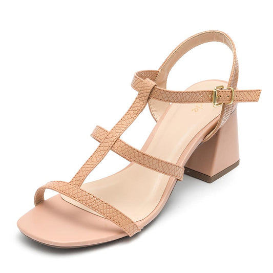 Sandália Feminina Klode Salto Médio Grosso Nude Tiras