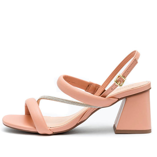 Sandália Feminina Salto Grosso Nude Brilho
