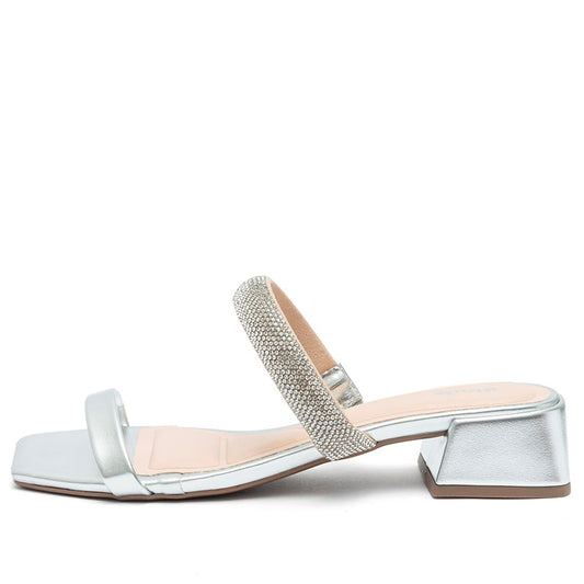 Sandália Feminina Klode Salto Grosso Prata Tira Strass