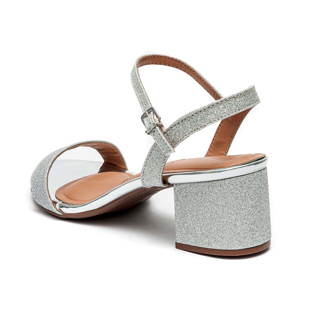 Sandália Feminina Vizzano Salto Grosso Prata Tela Shine Paris/Glamour