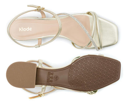 Sandália Feminina Klode Salto Baixo Grosso Ouro Strass