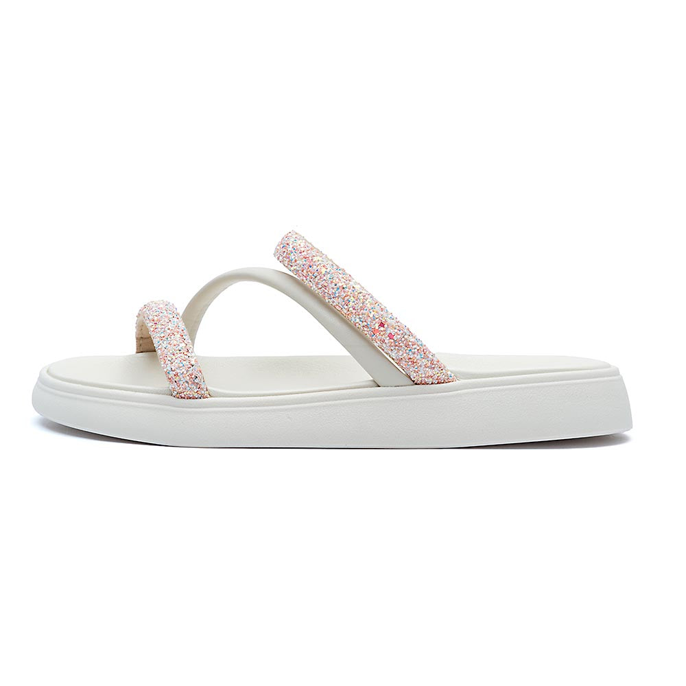 Sandália Papete Feminina Branco Off Tiras Strass Maxxi Glitter