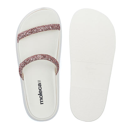 Sandália Papete Feminina Branco Off Tira Ouro Rosado Maxxi Glitter