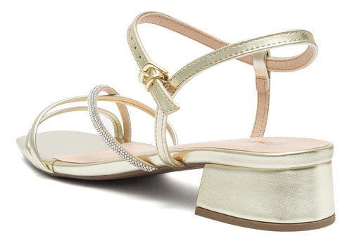 Sandália Feminina Klode Salto Baixo Grosso Ouro Strass