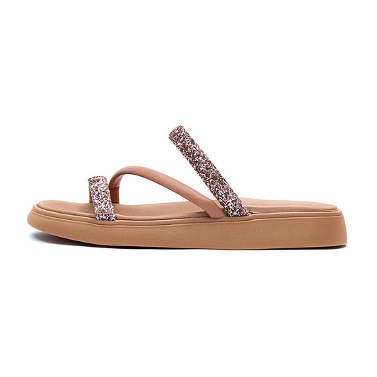 Sandália Papete Feminina Moleca Nude Tiras Strass Ouro Rosado Pron Maxxi Glitter