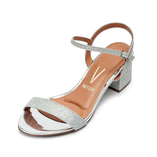 Sandália Feminina Vizzano Salto Grosso Prata Tela Shine Paris/Glamour