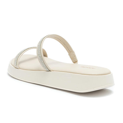 Sandália Feminina Klode Papete Flatform Bege Tiras Brilho Strass